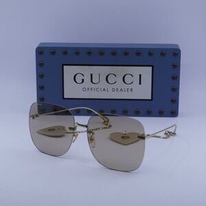 Gucci GG1148S 003 Square Sunglasses - Gold with Chain/Brown Rimless